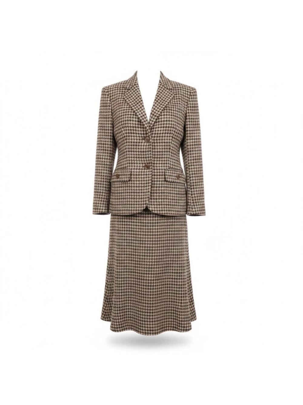 Vintage The Villager Womens Brown Wool Houndstooth Blazer & Skirt Set Size 10